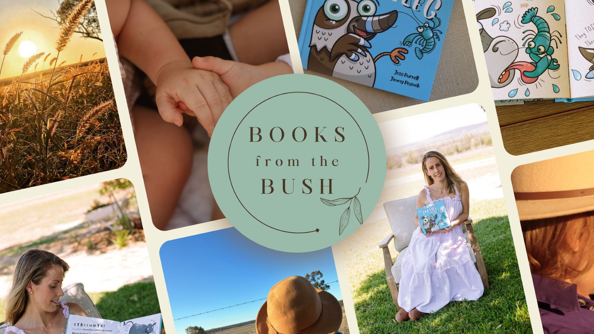 A collage-style promotional graphic with the central text 'BOOKS from the BUSH' inside a mint green circle, surrounded by photo tiles showing hands holding a book, children outdoors, Jess Purnell  Australian children's author reading, and Australian Children's Book Ya Pullin' my Leg. 